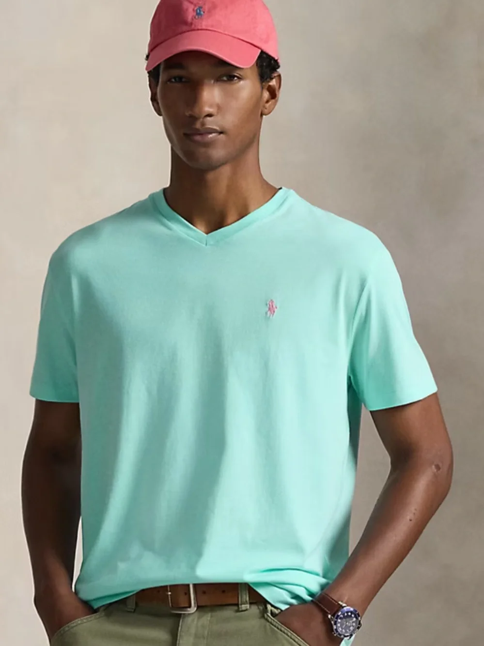 Polo by Ralph Lauren Men’s Mint V‑Neck Tee with Pink Pony